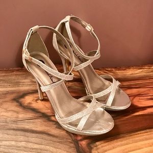 Michael Antonio silver sparkle strappy stilettos